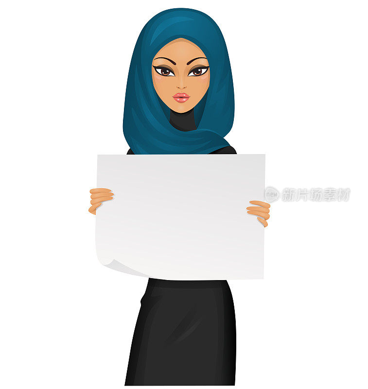 Cute arab woman holding an empty piece of paper. Vector illustration.